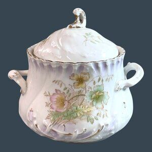 Antique Bavarian China Sugar Bowl Lid Hand Painted Floral Design Made In Germany